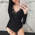 Hugcitar long sleeve V-neck lace patchworksexy bodysuit 2018 autumn winter women fashion bodycon Christmas party body