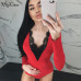 Hugcitar long sleeve V-neck lace patchworksexy bodysuit 2018 autumn winter women fashion bodycon Christmas party body