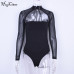 Hugcitar long sleeve mesh patchwork cotton bodycon sexy lace up bodysuit women solid high neck with bandage body