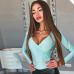 InstaHot Mint Green Deep V Neck Bling Bodysuits Women Elastic Sexy Silver Long Sleeve Tops Fashion Female Autumn Winter Playsuit