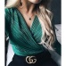 InstaHot Sexy Long Sleeve V Neck Bodysuit for Women 2019 Summer New Fashion Green Textured Shirts Button Tops Elegant Playsuits