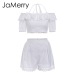 JaMerry Vintage off shoulder white embroidery two piece set romper Women polka dot jumpsuit playsuit Summer beach holiday suit