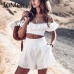 JaMerry Vintage off shoulder white embroidery two piece set romper Women polka dot jumpsuit playsuit Summer beach holiday suit