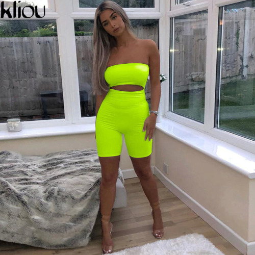 Kliou 2018 women sexy short fluorescence playsuits short hollow out strapless female sexy skinny solid party rompers bodysuits