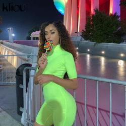 Kliou 2019 new arrival solid Fluorescence playsuits spring summer turtleneck short sleeve skinny female fashion street bodysuit