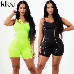 Kliou 2019 women sexy strapless playsuit neon color skinny bodysuit Reflective striped patchwork  strap backless fitness outfit