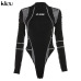 Kliou women full sleeve turtleneck bodysuits mesh patchwork letter print 2019 new fashion female workout street casual rompers