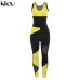 Kliou women yellow patchwork sporting jumpsuits elastic skinny fitness bodysuit female sexy backless hollow out mesh sportswear