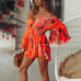 Lily Rosie Girl Off Shoulder Flare Sleeve Summer Playsuit Print Floral Boho Beach Playsuit Women Orange Short Jumpsuit Rompers