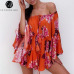 Lily Rosie Girl Off Shoulder Flare Sleeve Summer Playsuit Print Floral Boho Beach Playsuit Women Orange Short Jumpsuit Rompers