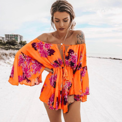 Lily Rosie Girl Off Shoulder Flare Sleeve Summer Playsuit Print Floral Boho Beach Playsuit Women Orange Short Jumpsuit Rompers