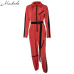 Macheda Fashion Turndown Collar Sexy Women Zipper Long Sleeve Stripe Jumpsuit Belt Long Pants Jumpsuits Casual Overalls