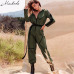 Macheda Fashion Turndown Collar Sexy Women Zipper Long Sleeve Stripe Jumpsuit Belt Long Pants Jumpsuits Casual Overalls