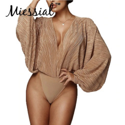 Miessial Deep v neck sexy bodysuit Women long sleeve pleated short jumpsuit romper Summer female elegant party jump suit overall