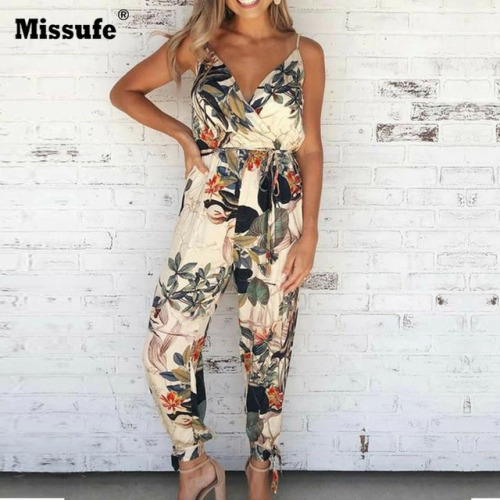 Missufe V Neck Sexy Bodysuits Women With Belt Body Femme Macacao Feminino Floral Playsuit Overalls Print Spring Summer Jumpsuit