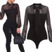 New 2018 Summer Bodysuit Women Sexy Bow Black Mock Neck Patchwork Long Sleeve Back Ladies Lace Mesh Bodysuit Transparent Tops