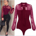 New 2018 Summer Bodysuit Women Sexy Bow Black Mock Neck Patchwork Long Sleeve Back Ladies Lace Mesh Bodysuit Transparent Tops