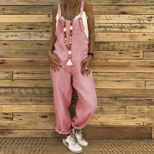 New Vintage Cotton Linen Jumpsuits Casual Women Overalls Wide Leg Pants Heigh Quality Vocation Dungarees Long Trousers Female