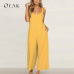 OEAK Women Casual Loose Long Jumpsuits Solid Strap Wide Leg Jumpsuit Tie Up Backless Vacation macacao feminino