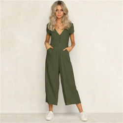 Office Lady Womens Playsuit 4Color Deep V Neck Slim Solid Bodysuit Party Jumpsuit Romper Chiffon Long Wide Leg Trousers Clubwear