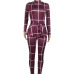 Plaid Print Bodycon Jumpsuit Women Turtleneck Long Sleeve Peplum One Piece Overalls Skinny Party Casual Romper Catsuit Sashes