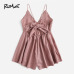 ROMWE Contrast Lace Knot Back Cami Romper Women Pink V Neck Straps Sleeveless Playsuit Summer Casual Wide Leg Romper