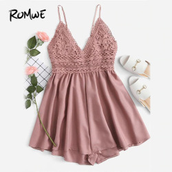 ROMWE Contrast Lace Knot Back Cami Romper Women Pink V Neck Straps Sleeveless Playsuit Summer Casual Wide Leg Romper