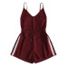 ROMWE Contrast Striped Tape Romper Summer Beach Wear Women Sleeveless Playsuits Burgundy Spaghetti Strap Drawstring Romper