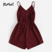 ROMWE Contrast Striped Tape Romper Summer Beach Wear Women Sleeveless Playsuits Burgundy Spaghetti Strap Drawstring Romper