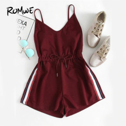 ROMWE Contrast Striped Tape Romper Summer Beach Wear Women Sleeveless Playsuits Burgundy Spaghetti Strap Drawstring Romper