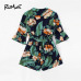 ROMWE Fluted Sleeve Floral Print Surplice Romper With Belt Women Summer Vocation Three Quarter Floral V neck Romper