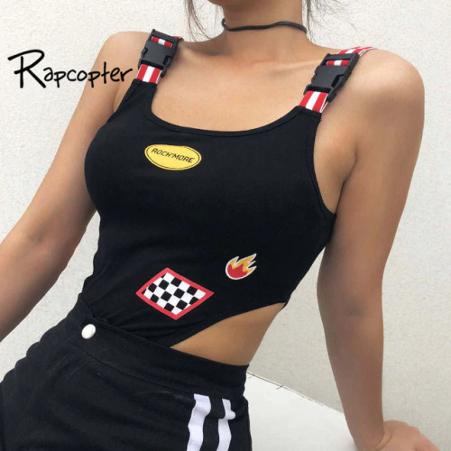 Rapcopter Women High Waist Hollow Out Bodysuit Black Adjustable Strap Tank Bodysuits 95% Cotton Streetwear Rompers Jumpsuit