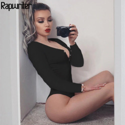 Rapwriter Fall Sexy Middle Button Vertical Stripes Knitted Skinny Bodysuits Women 2018 Winter Long Sleeve Bodycon Sheer Bodysuit