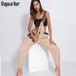 Rapwriter High Street Zipper Pockets Khaki Long Jumpsuit Women 2018 Sleeveless Adjusted Strap High Waist Cotton Fashion Rompers