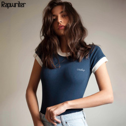 Rapwriter Panelled Letter Embroidery Bodysuit Women 2019 Spring Sexy Stretch Slim O-Neck Short Sleeve Open Crotch body mujer