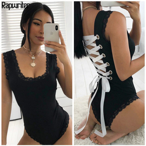 Rapwriter Sexy Backless Cross Lace Up Skinny Lace Patchwork Black Bodysuits Women 2018 Stretch Sleeveless Open Crotch Bodysuit