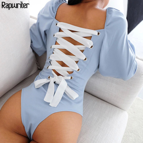 Rapwriter Sexy Backless Panelled Lace Up Square Collar Lolita Style Bodysuits Women 2018 Long Flare Sleeve Open Crotch Bodysuit