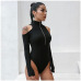 Rapwriter Sexy Off Shoulder Minimalist Ring Zipper Front Cut And Sew Turtleneck Sheer Bodysuit Women 2018 Long Sleeve Bodycon