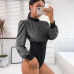 Rapwriter Sexy Skinny Turtleneck Panelled Silver Bodysuits Women 2018 Spring Long Sleeve Bodycon Open Crotch Glitter Bodysuit