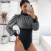 Rapwriter Sexy Skinny Turtleneck Panelled Silver Bodysuits Women 2018 Spring Long Sleeve Bodycon Open Crotch Glitter Bodysuit