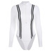 Rapwriter Sexy Slim Turtleneck Middle Zipper Striped Patchwork Skinny Bodysuit Women 2019 Long Sleeve Sheer Open Crotch Bodysuit