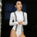 Rapwriter Sexy Slim Turtleneck Middle Zipper Striped Patchwork Skinny Bodysuit Women 2019 Long Sleeve Sheer Open Crotch Bodysuit