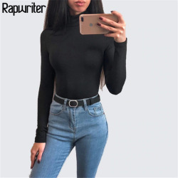 Rapwriter Sexy Solid Color Turtleneck Skinny Bodysuits Women 2018 New Autumn Winter Keep Warm Long Sleeve Bodycon Sheer Bodysuit