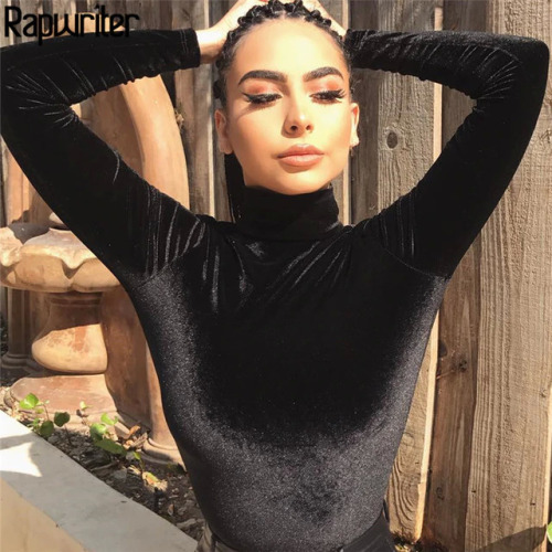 Rapwriter Sexy Solid Velvet Turtleneck Skinny Bodysuits Women 2018 Autumn Winter Long Sleeve Bodycon Sheer Open Crotch Bodysuit