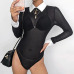 Rapwriter Sexy Transparent Mesh Panelled Skinny Turn-down Collar Bodysuits Women 2018 Spring Long Sleeve Open Crotch Bodysuit