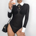 Rapwriter Sexy Transparent Mesh Panelled Skinny Turn-down Collar Bodysuits Women 2018 Spring Long Sleeve Open Crotch Bodysuit