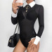 Rapwriter Sexy Transparent Mesh Panelled Skinny Turn-down Collar Bodysuits Women 2018 Spring Long Sleeve Open Crotch Bodysuit