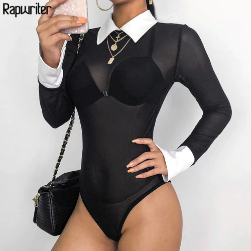 Rapwriter Sexy Transparent Mesh Panelled Skinny Turn-down Collar Bodysuits Women 2018 Spring Long Sleeve Open Crotch Bodysuit