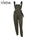 Realpopu Khaki Rompers Womens Jumpsuit Long Elegant Zipper Pockets Sleevlesee Adjusted Strap High Waist Cotton Fashion Summer