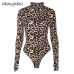 Realpopu Knitted Leopard Printed Jumpsuit Women Turtleneck Short Bodysuit Women Sexy Bodycon Casual Slim Long Sleeve Rompers Top